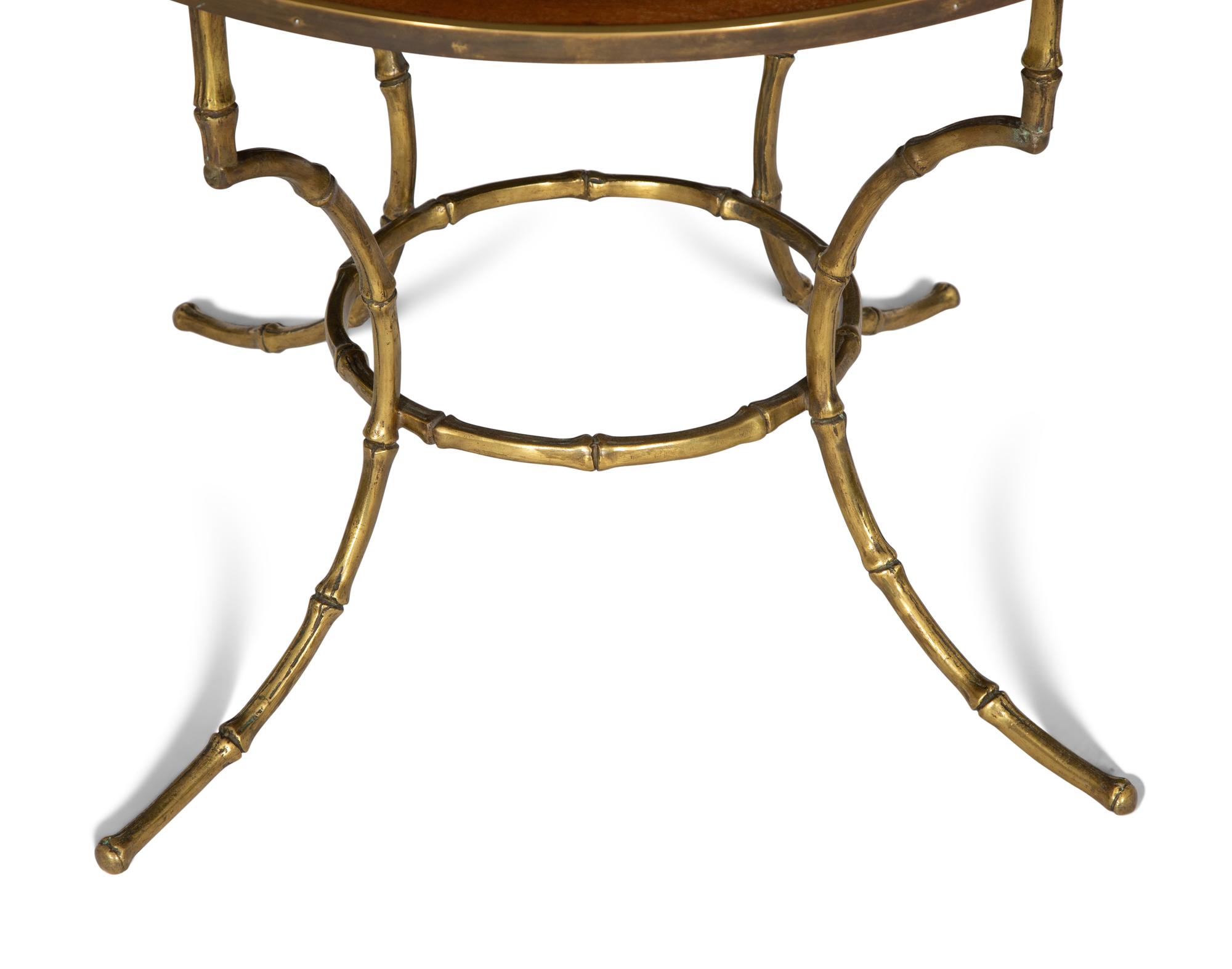 A Brass Bound Parquetry Inlaid Occasional Table with Cast Brass Bamboo Styled Base