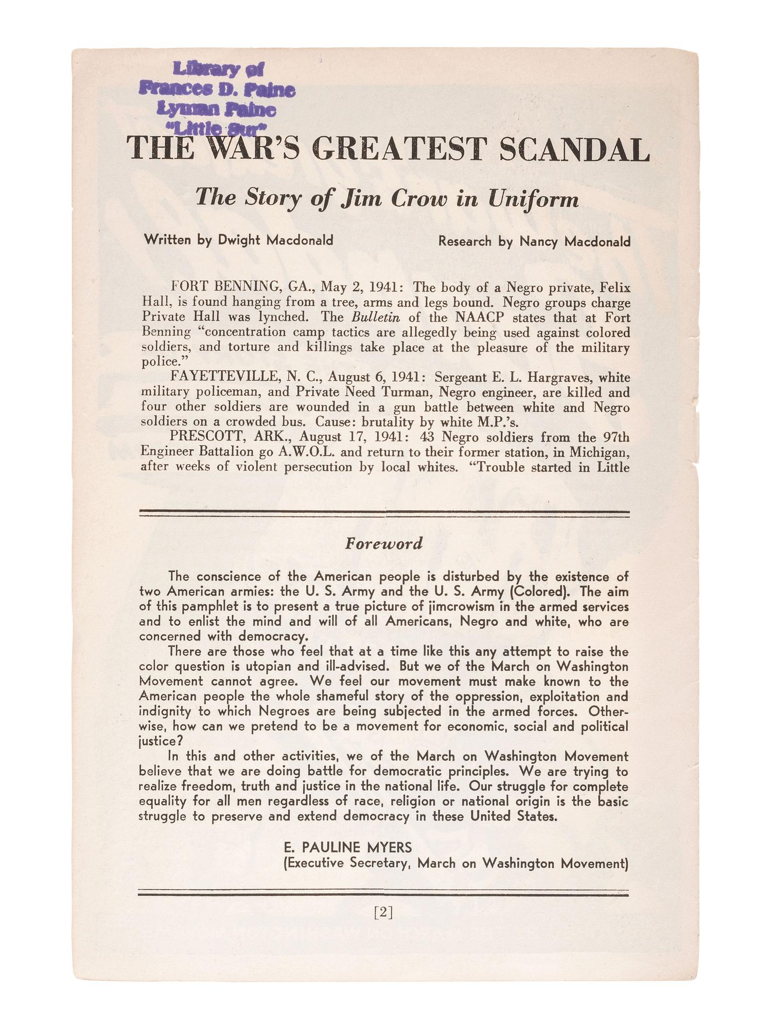 [AFRICAN AMERICANA]. Ephemera associated with WWII-era "Military Jim Crow," comprising: