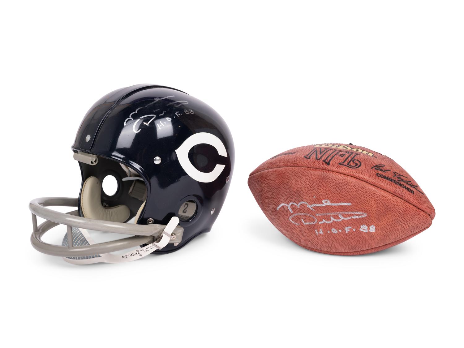 A Mike Ditka Signed Autograph Chicago Bears Throwback Football Helmet and Wilson NFL Football (Beckett Authentication Services BAS Certified),