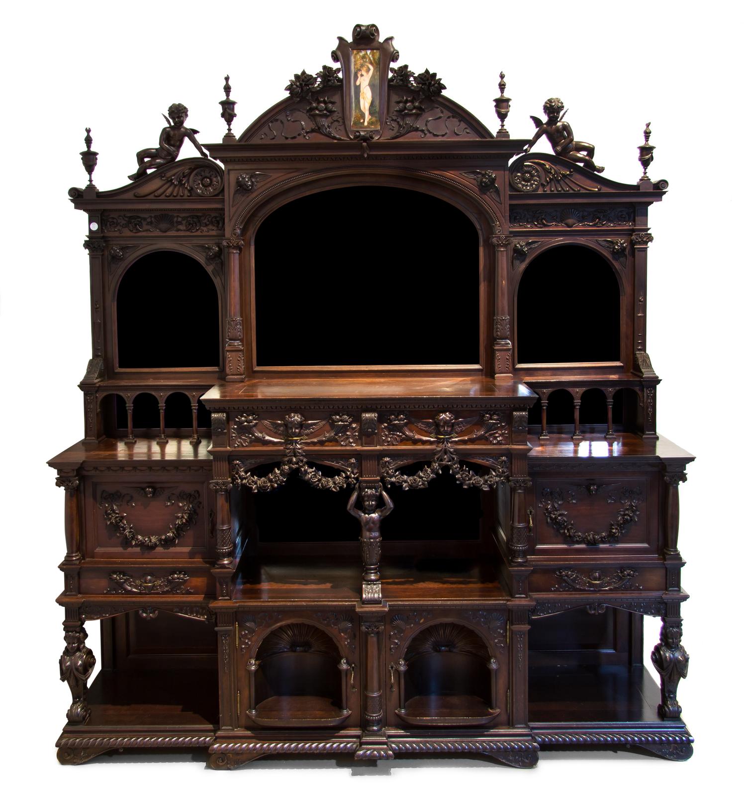 An American Porcelain Mounted Mahogany Sideboard, ALEXANDER ROUX, Height 89 x width 76 x depth 19 1/2 inches. — ALEXANDER ROUX,