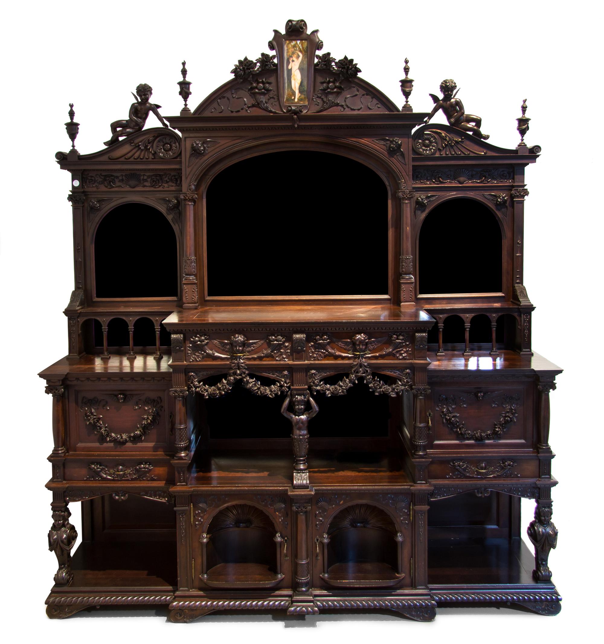 An American Porcelain Mounted Mahogany Sideboard, ALEXANDER ROUX, Height 89 x width 76 x depth 19 1/2 inches. — ALEXANDER ROUX,