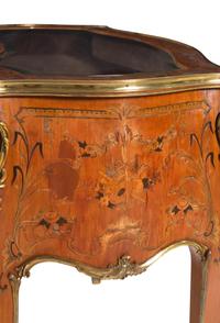 A Louis XV Style Gilt Bronze Mounted Penwork and Marquetry Vitrine Commode
