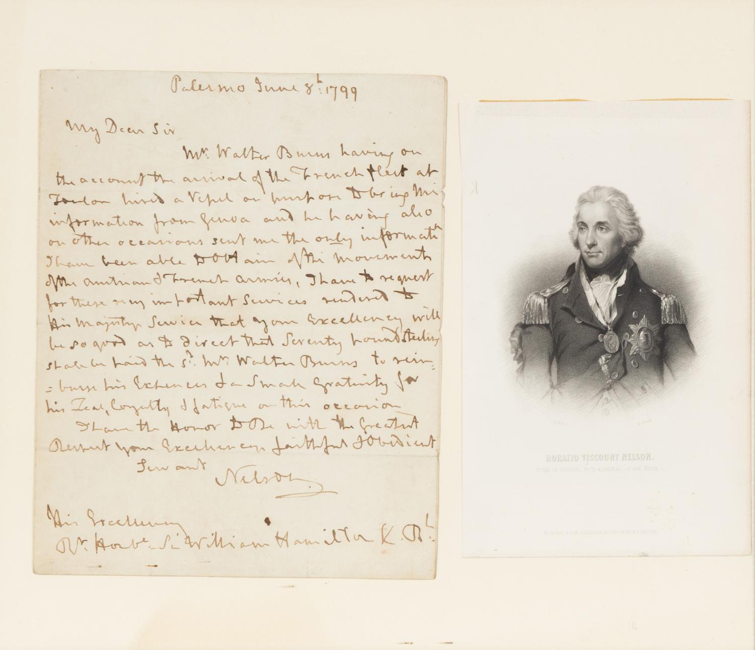 Nelson, Horatio, 1st Viscount Nelson (1758-1805). Autograph letter signed ("Nelson") to Sir William Hamilton, Palermo, 8 June 1799.