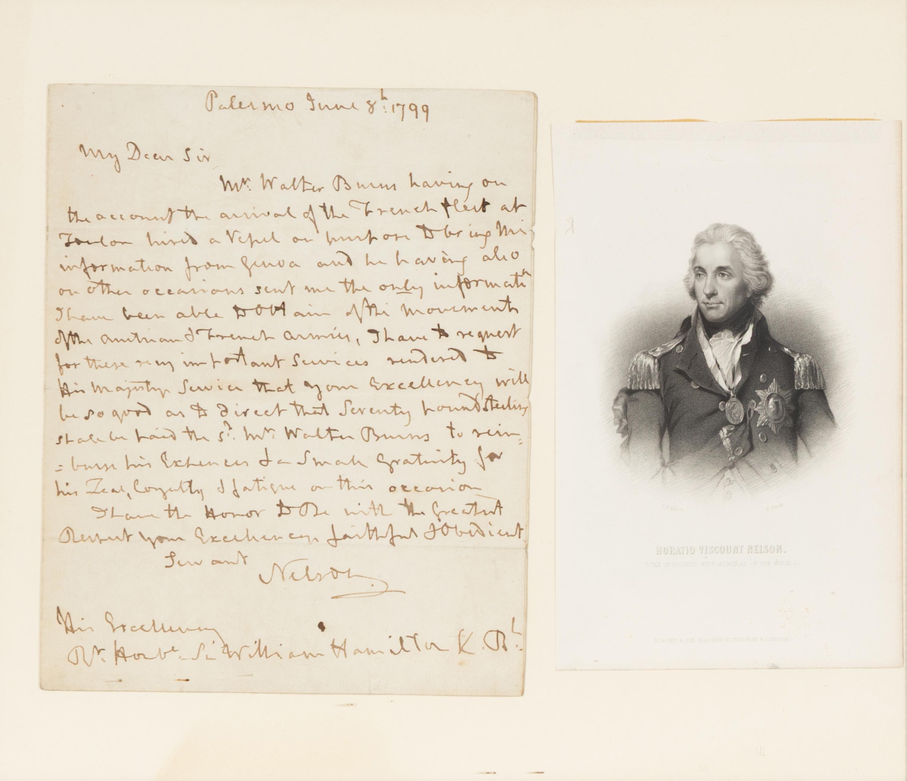 Nelson, Horatio, 1st Viscount Nelson (1758-1805). Autograph letter signed ("Nelson") to Sir William Hamilton, Palermo, 8 June 1799.