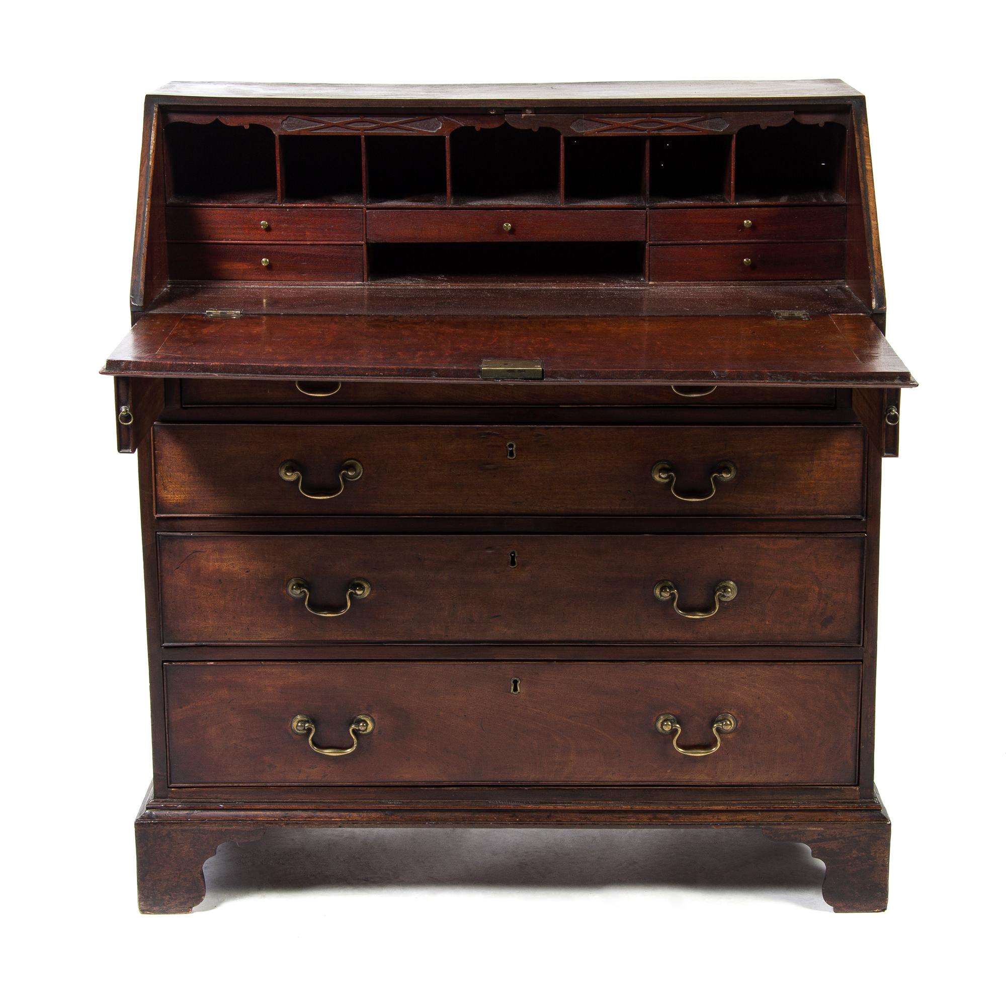 A George III Mahogany Slant Front Bureau, CIRCA 1800, Height 42 x width 38 x depth 19 1/2 inches. — CIRCA 1800,