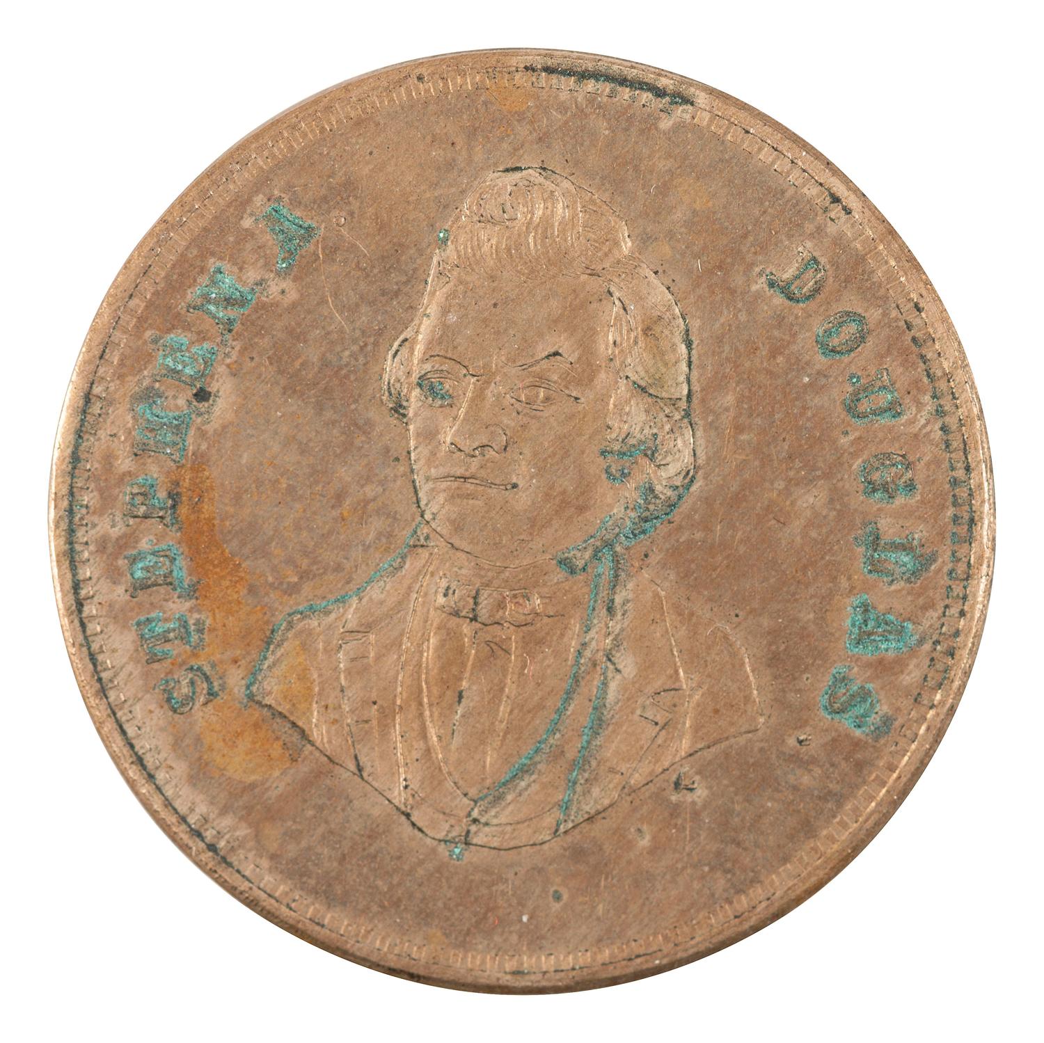 [POLITICS]. Stephen A. Douglas and Hershel Johnson, back-to-back campaign ferrotype badge and brass presidential token. 1860.