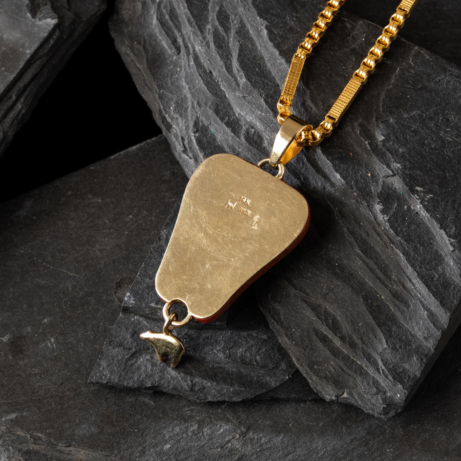Herbert Taylor (Diné, 1951-1996) — 14K Gold Bisbee Turquoise, and Mediterranean Coral Pendant, with 22K Gold Chain