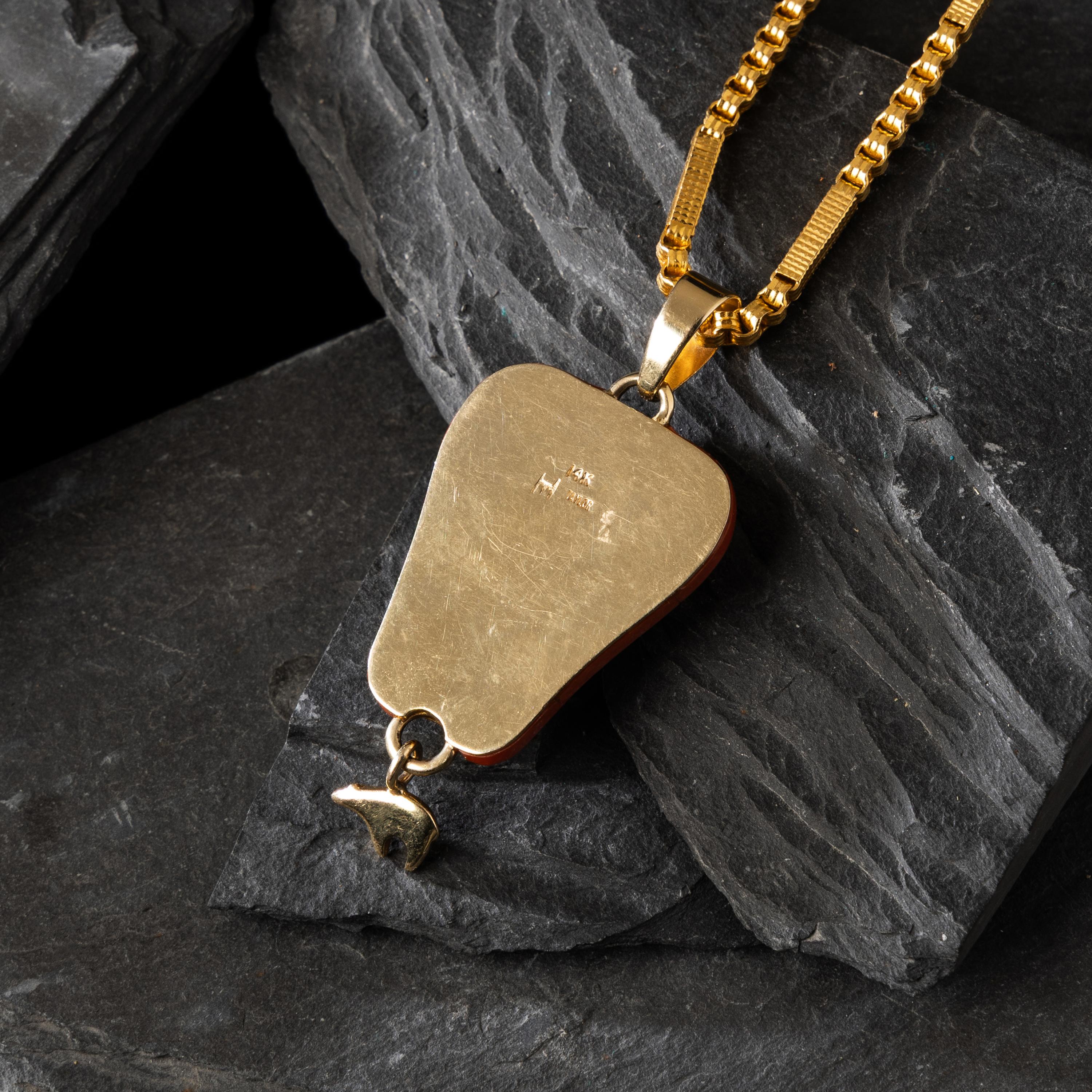 Herbert Taylor (Diné, 1951-1996) — 14K Gold Bisbee Turquoise, and Mediterranean Coral Pendant, with 22K Gold Chain