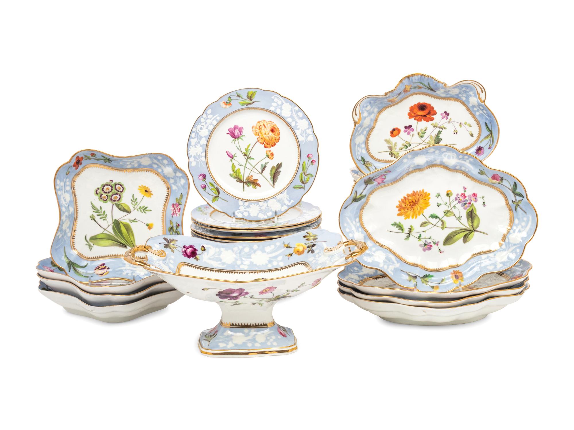 A Spode Pale Blue-Ground Botanical Porcelain Dessert Service