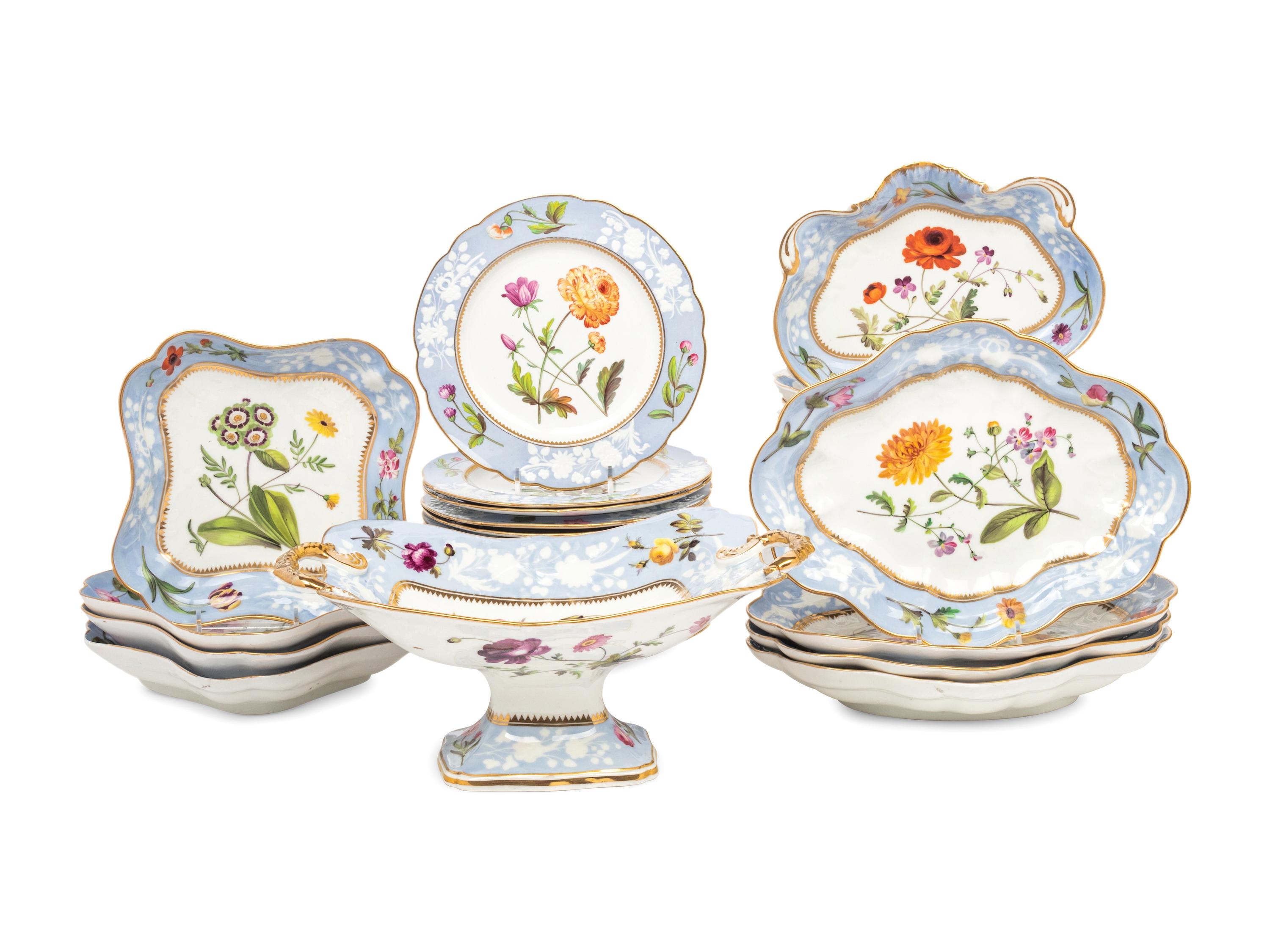 A Spode Pale Blue-Ground Botanical Porcelain Dessert Service