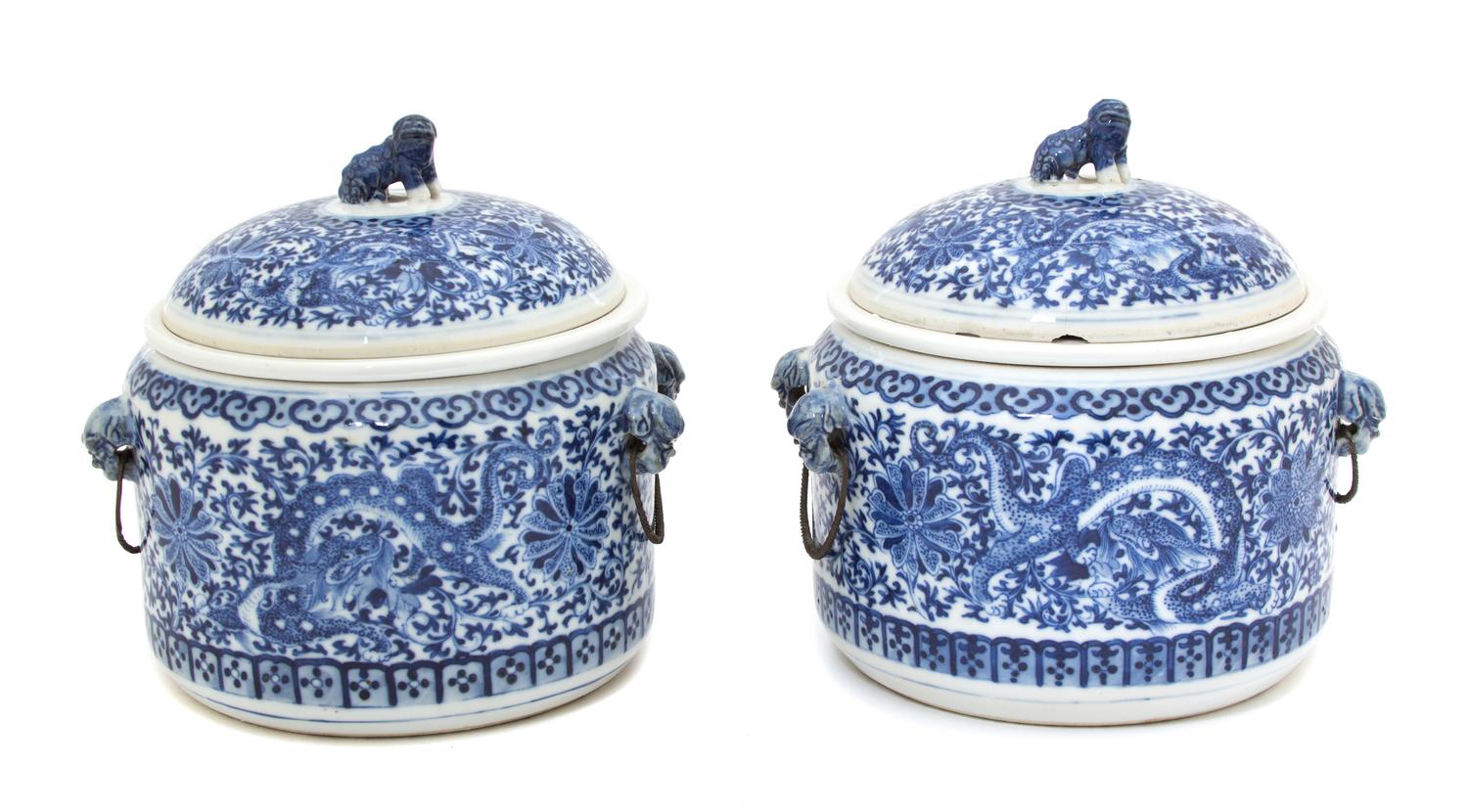 A Pair of Chinese Export Blue and White Porcelain Covered Bowls Height 8 inches. — EARLY 20TH CENTURY