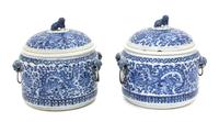 A Pair of Chinese Export Blue and White Porcelain Covered Bowls Height 8 inches. — EARLY 20TH CENTURY