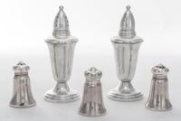 A Group of Five American Silver Casters, various makers, comprising a weighted pair and three smaller examples.