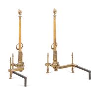 A Pair of Neoclassical Gilt Bronze Andirons with Wreath Ring Handles