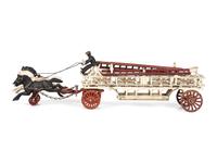 Three Painted Cast Iron Toy Horse Drawn Fire Wagons