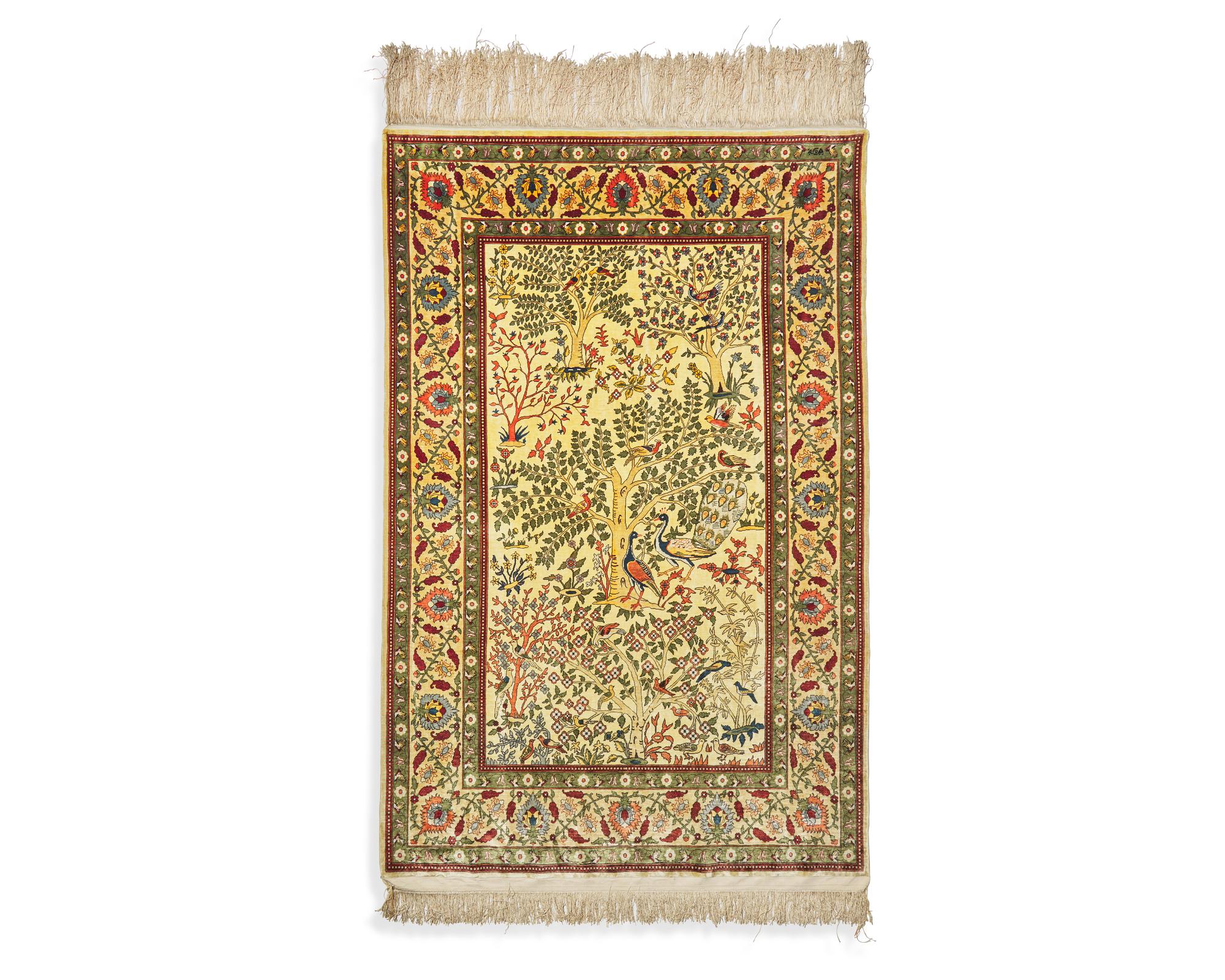 A silk pictorial rug, probably from Hereke, Turkey, 20th century