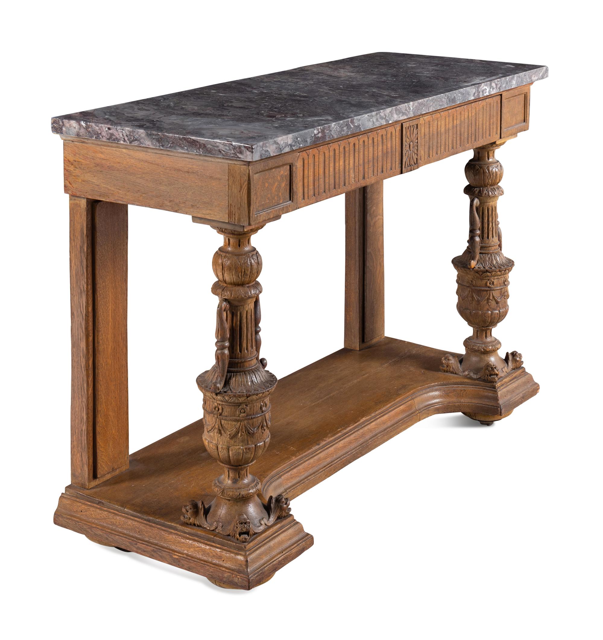 A Belgian Carved Oak Marble-Top Pier Table