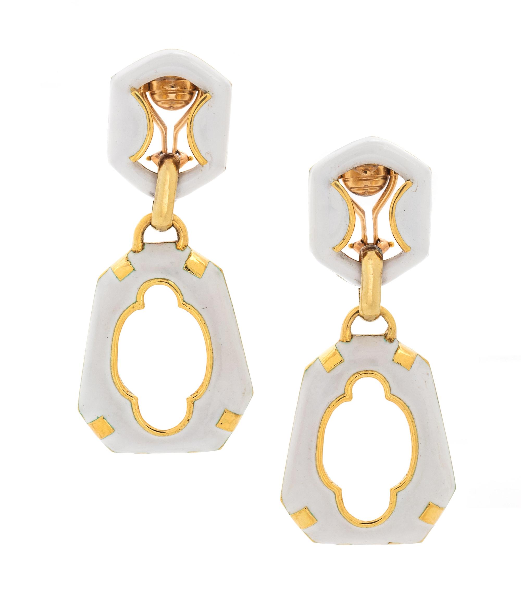 A Pair of Yellow Gold and Enamel Earclips,