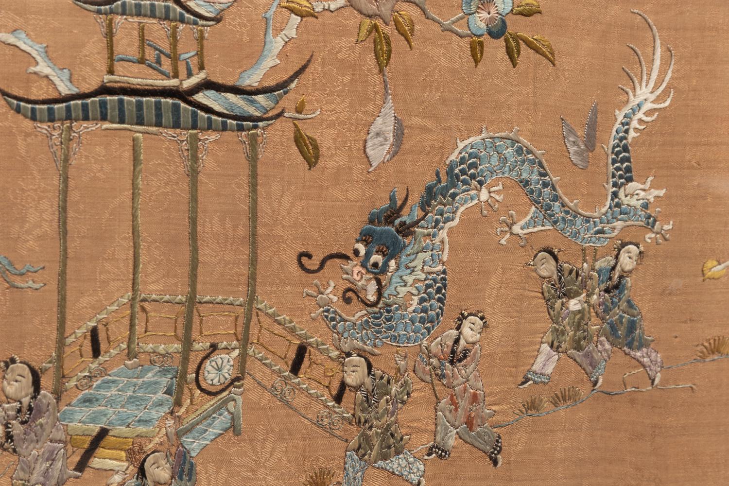 A Chinese Coral Ground Embroidered Silk 'Boys Panel