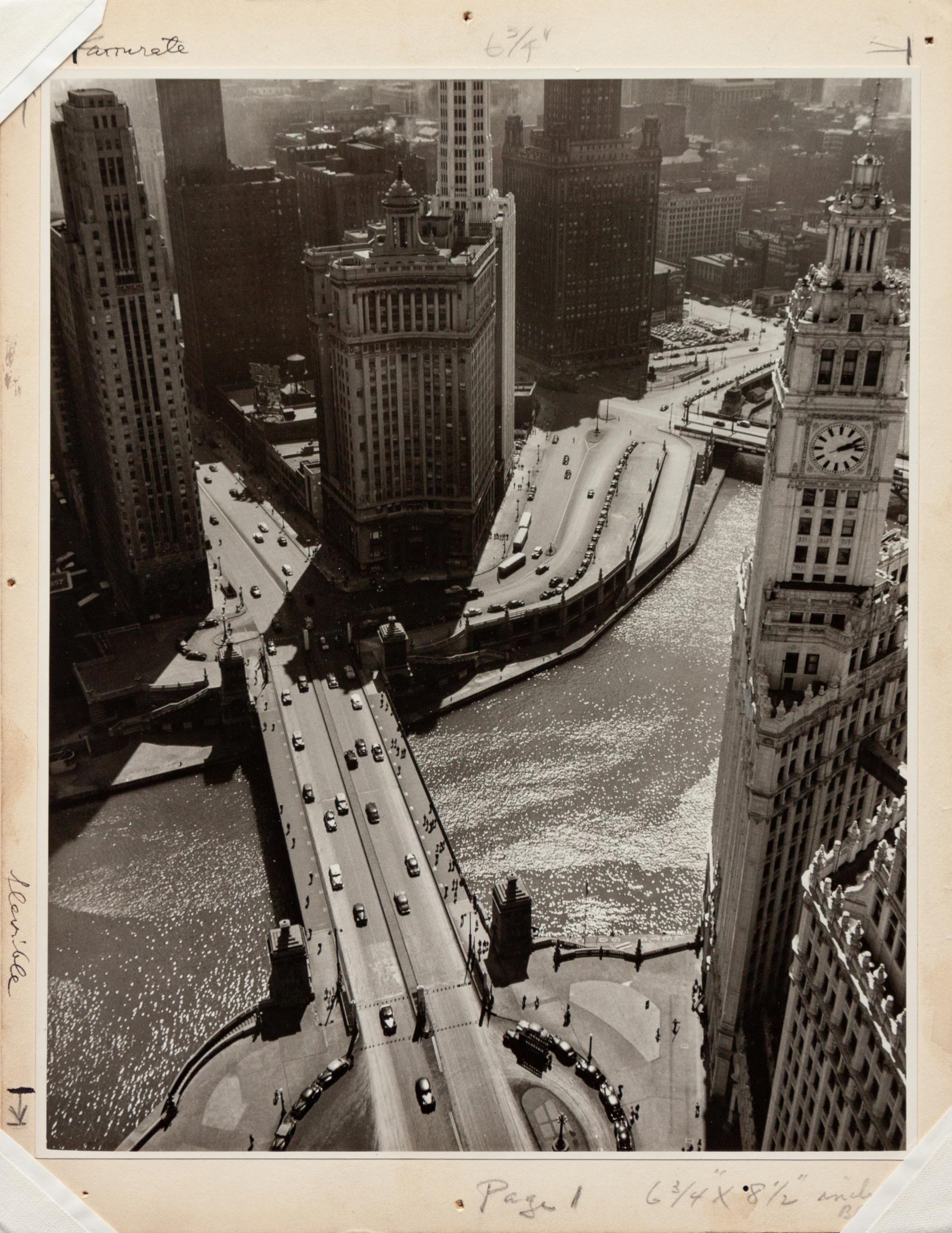 A group of four photographs depicting Chicago ( Rush Street, Chicago's Night Club District , c. 1950; Wrigley Building at Night, Michigan Ave. Bridge , c. 1950; Chicago , c. 1935; State Street and Marshall Field Clock , c. 1950)
