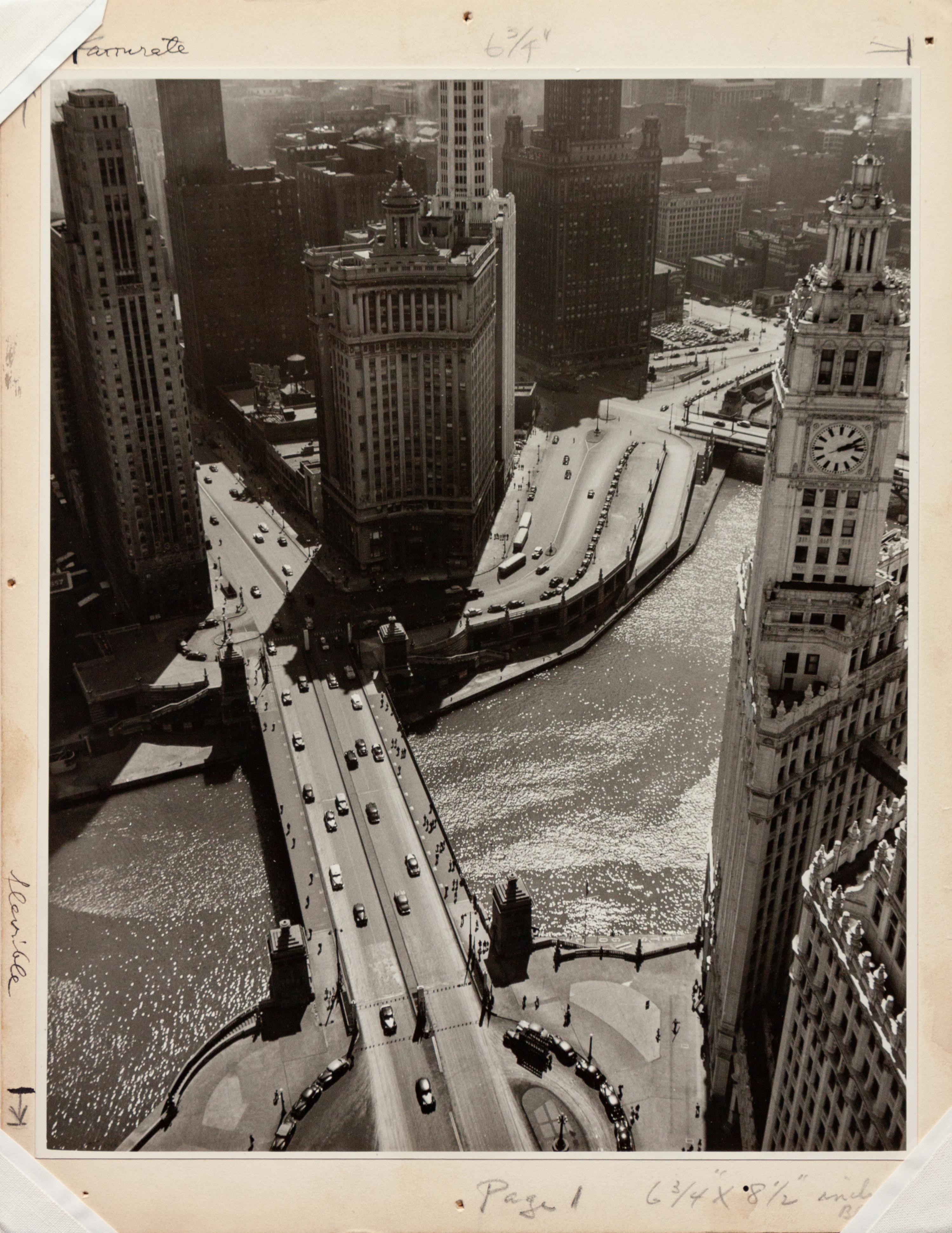 A group of four photographs depicting Chicago ( Rush Street, Chicago's Night Club District , c. 1950; Wrigley Building at Night, Michigan Ave. Bridge , c. 1950; Chicago , c. 1935; State Street and Marshall Field Clock , c. 1950)
