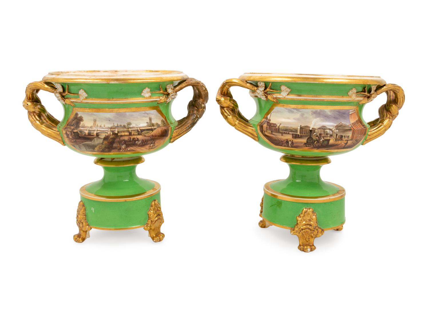 A Pair of Derby Porcelain Handled Urns