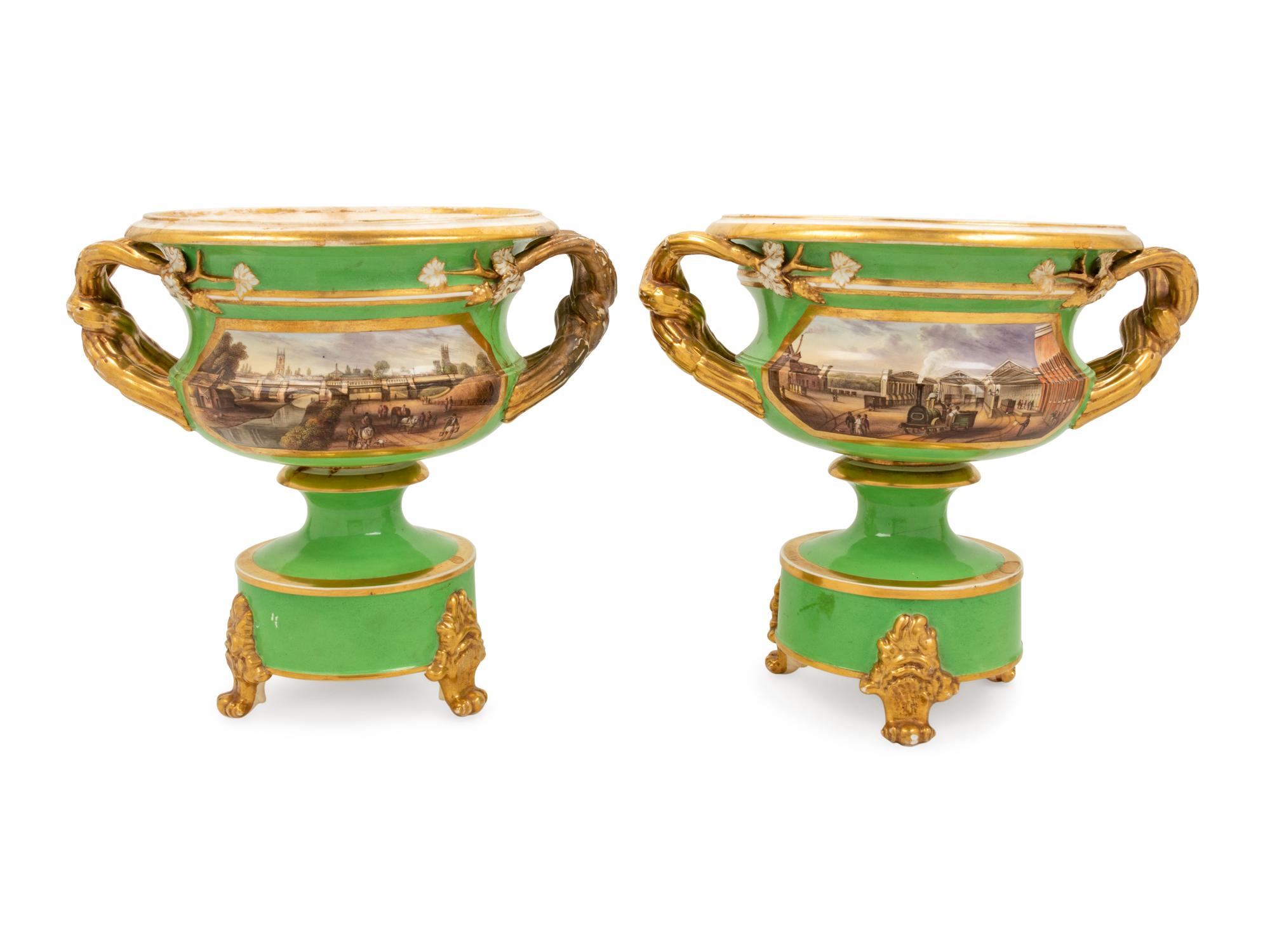 A Pair of Derby Porcelain Handled Urns