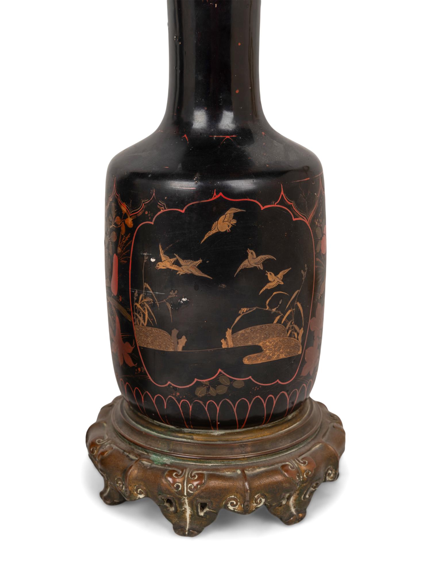 A Pair of French Gilt Bronze Mounted and Gilt Decorated Black Opaline Glass Oil Lamps