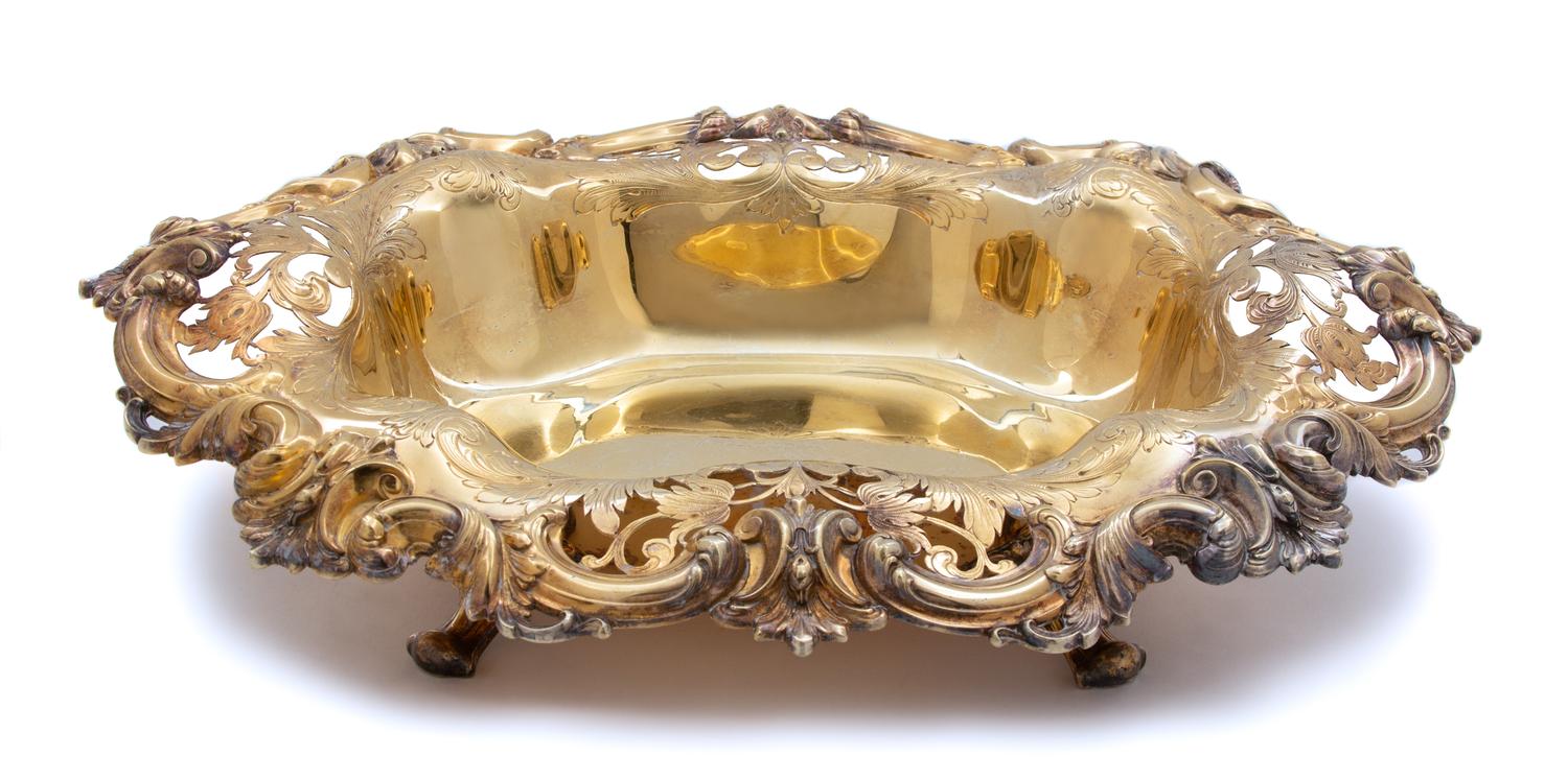 A Vermeil Silver Oval Serving Bowl, Unknown Maker, having an elaborate everted pierced floral and foliate border