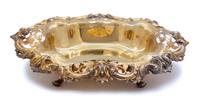 A Vermeil Silver Oval Serving Bowl, Unknown Maker, having an elaborate everted pierced floral and foliate border