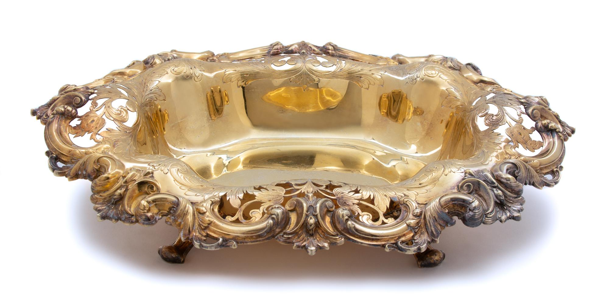 A Vermeil Silver Oval Serving Bowl, Unknown Maker, having an elaborate everted pierced floral and foliate border