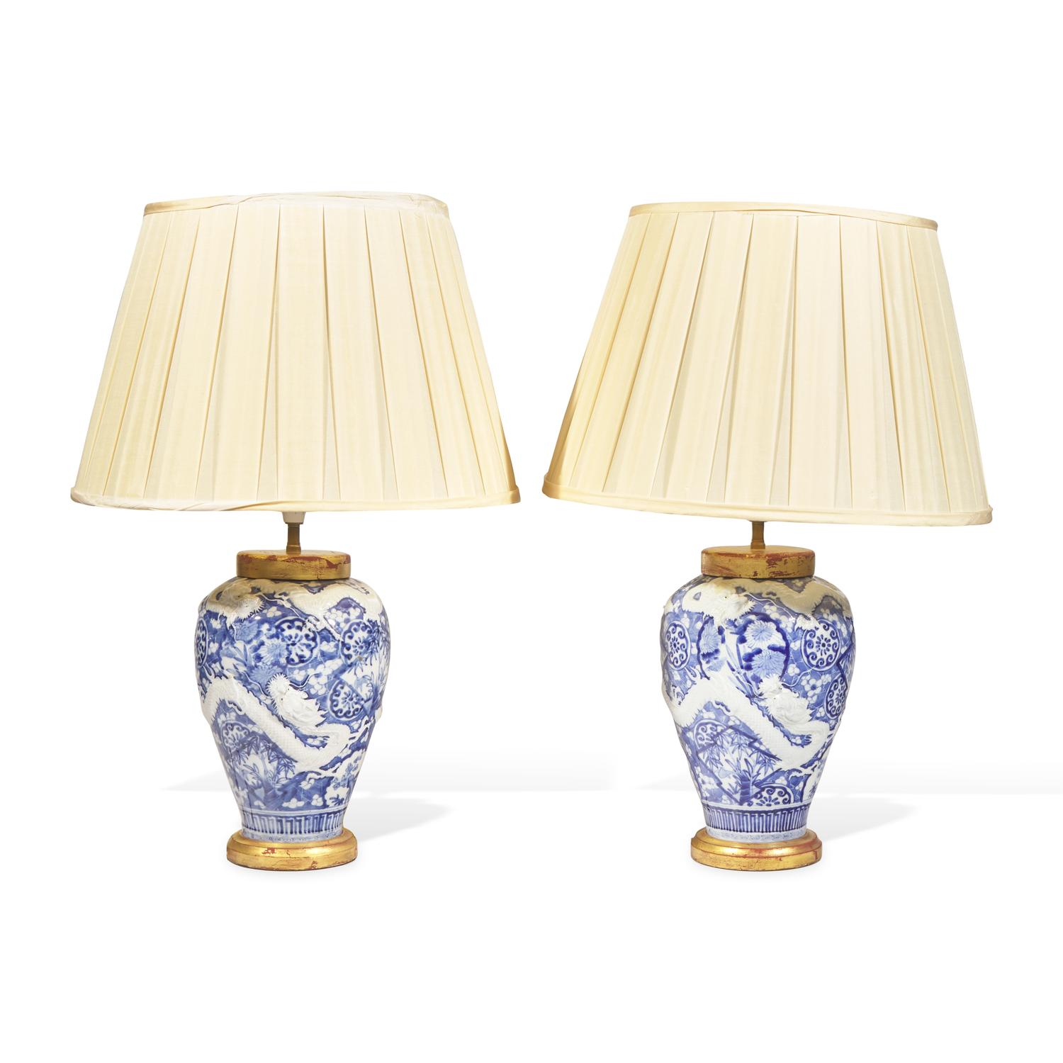 A Pair of Chinese Export Style Blue and White Porcelain Meiping-Form Vases, Now Mounted as Lamps