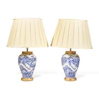 A Pair of Chinese Export Style Blue and White Porcelain Meiping-Form Vases, Now Mounted as Lamps