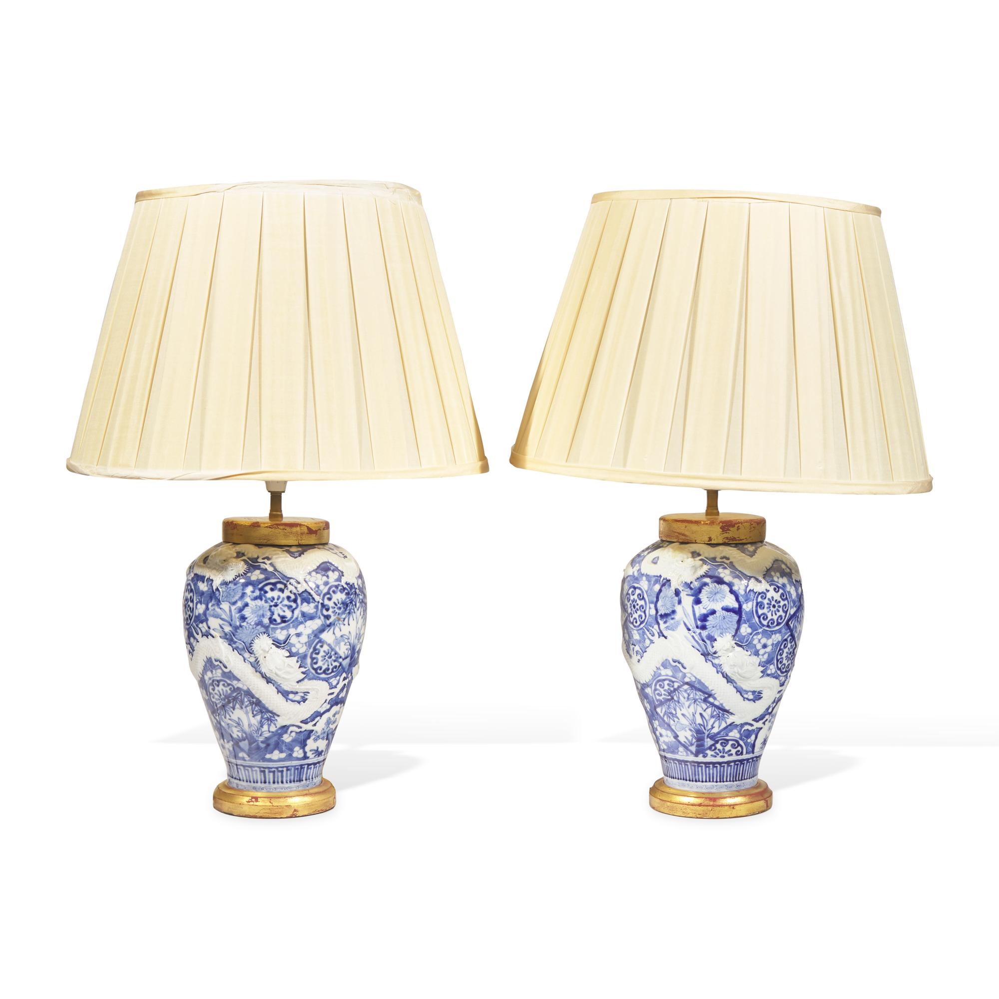 A Pair of Chinese Export Style Blue and White Porcelain Meiping-Form Vases, Now Mounted as Lamps