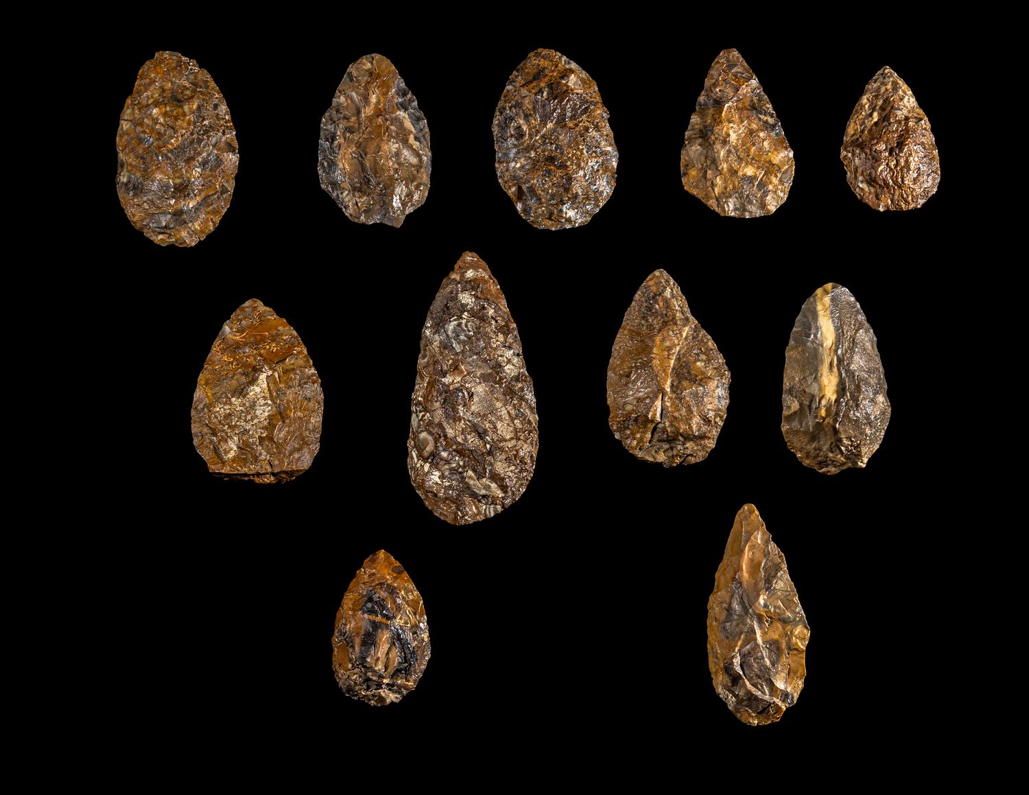 Eleven Paleolithic Quartzite Cordiform Hand Axes