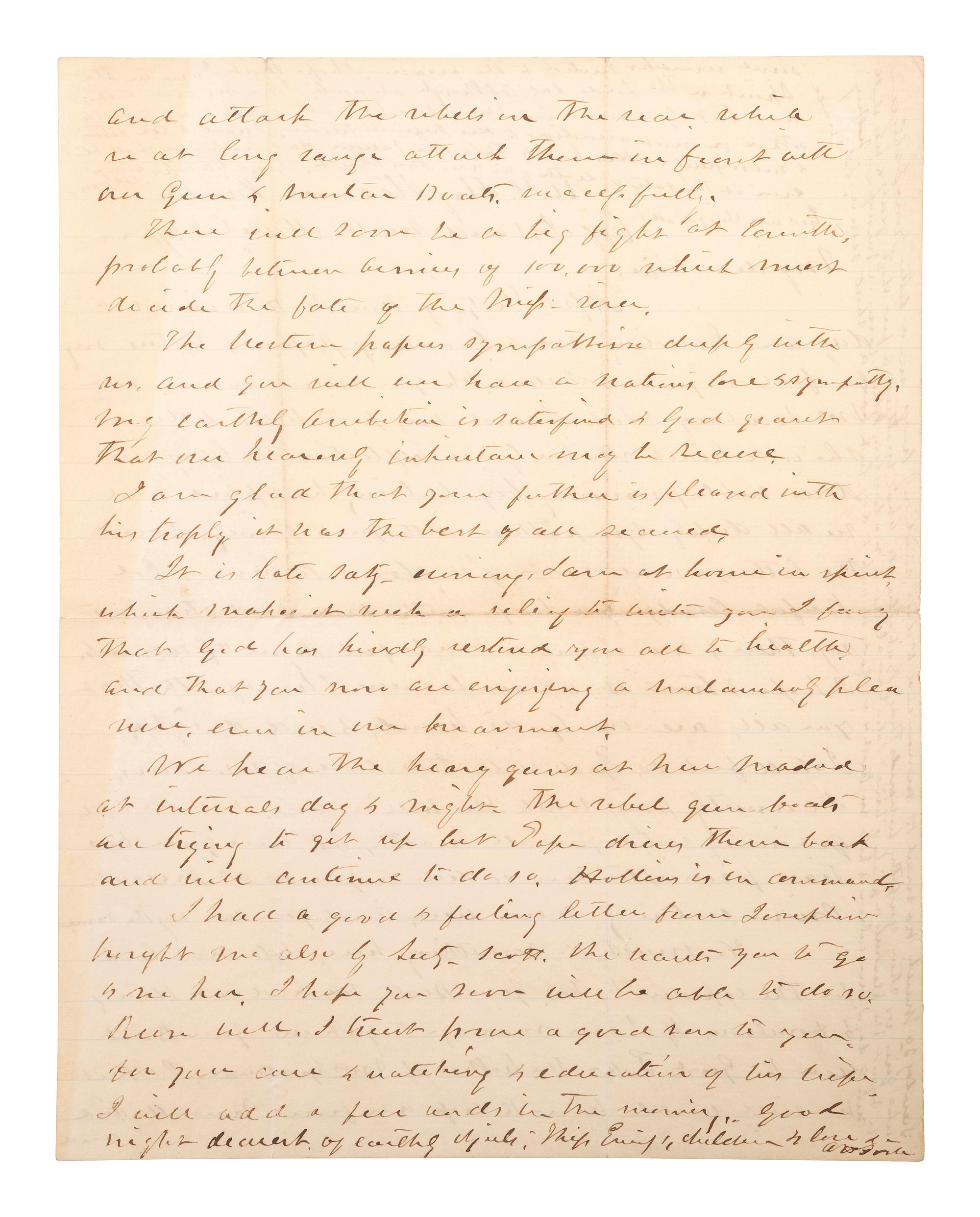 [CIVIL WAR - NAVY]. FOOTE, Andrew H. (1806-1863). Autograph letter signed (“AHF”), as Flag Officer, to his wife. US Flag Steamer Benton , "Off Island No. 10," 29 March 1862.