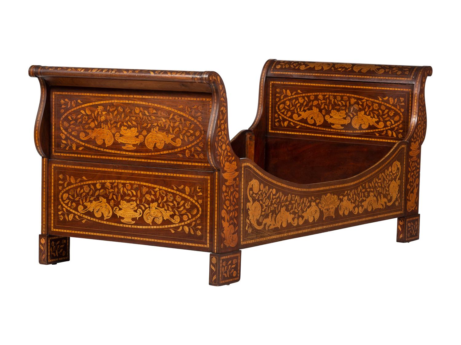 A Dutch Mahogany and Marquetry Sleigh Bed