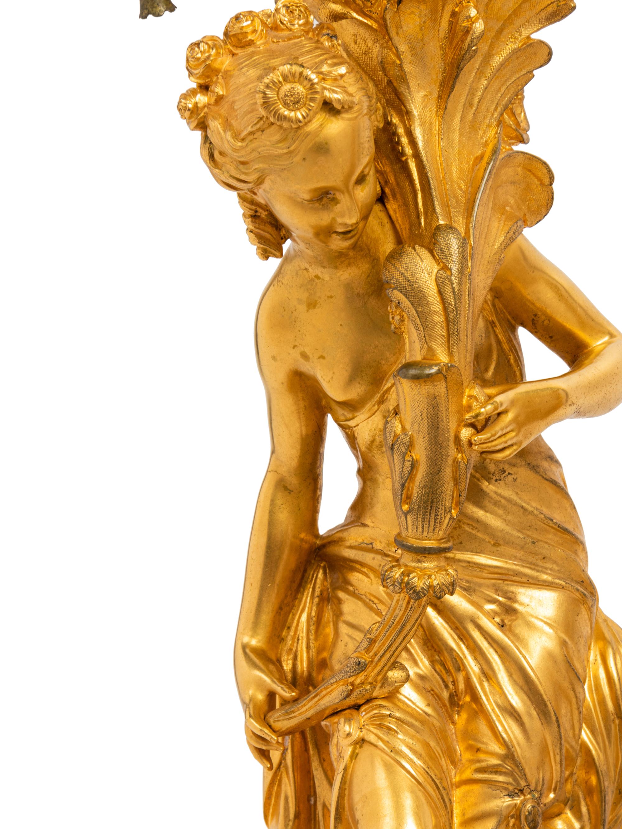 A Pair of French Gilt Bronze Figural Fluid Lamps Converted to Electricity