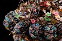 An Unusual Continental Wrought-Iron, Tole and Colored Glass Sixteen-Light Chandelier