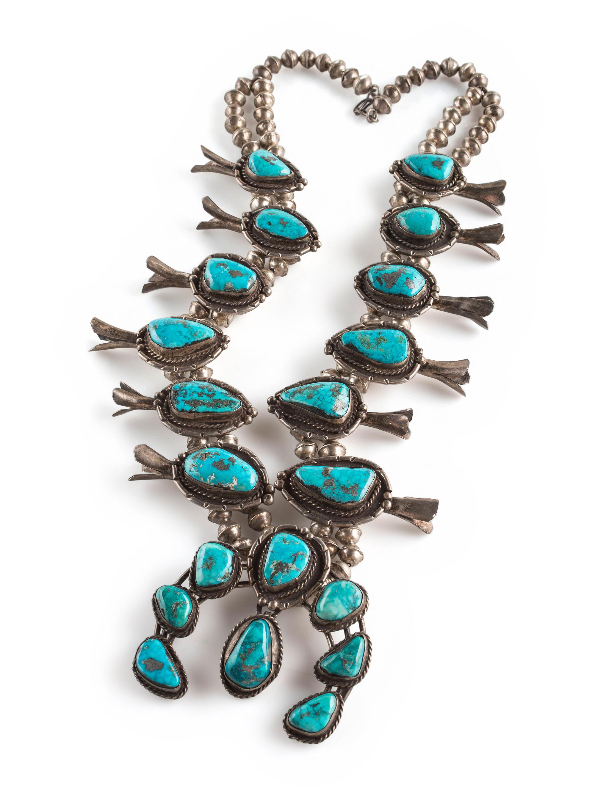 Navajo Silver and Morenci Turquoise Squash Blossom Necklace