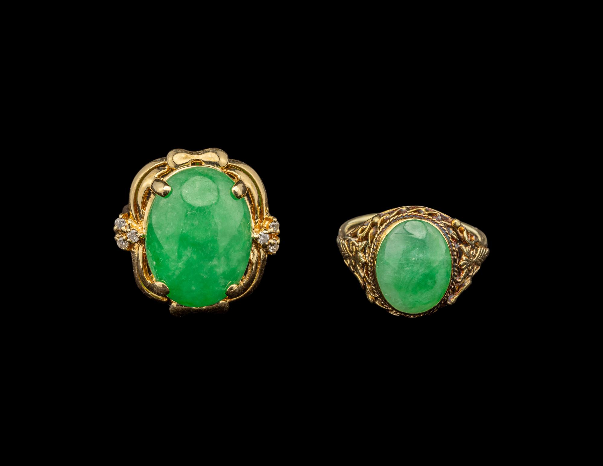 Two Chinese Apple Green Jadeite Inset Gold Mounted Rings