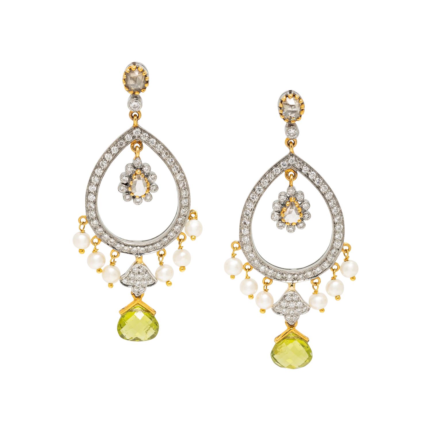 BICOLOR GOLD, DIAMOND, PERIDOT, AND SEED PEARL PENDANT EARRINGS