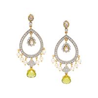 BICOLOR GOLD, DIAMOND, PERIDOT, AND SEED PEARL PENDANT EARRINGS