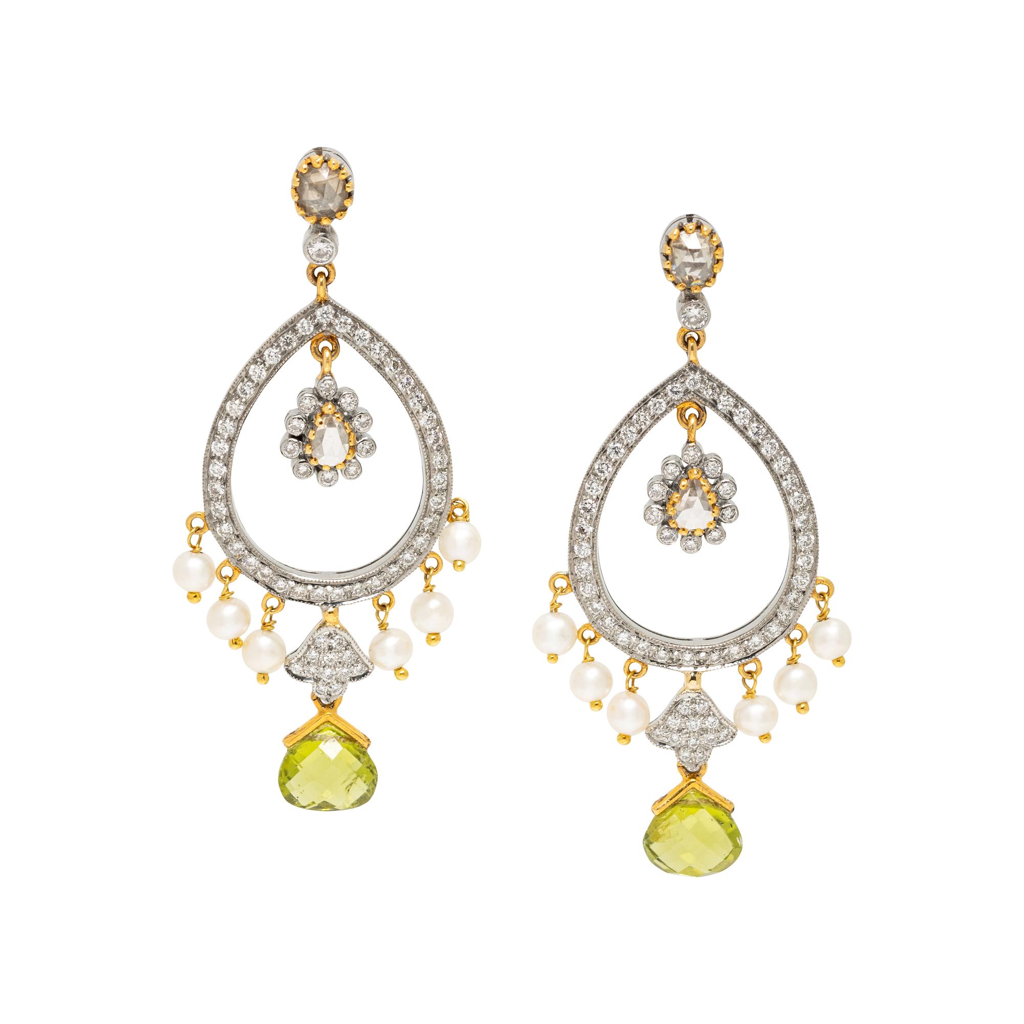 BICOLOR GOLD, DIAMOND, PERIDOT, AND SEED PEARL PENDANT EARRINGS