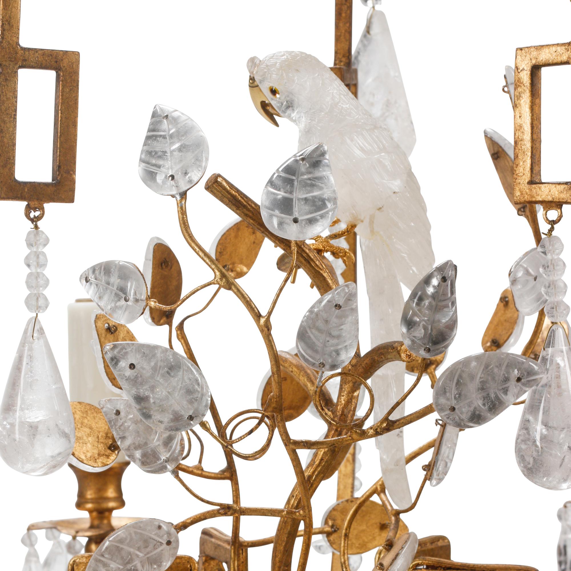 A Pair of Gilt Bronze, Tôle and Rock Crystal Six-Light Chandeliers