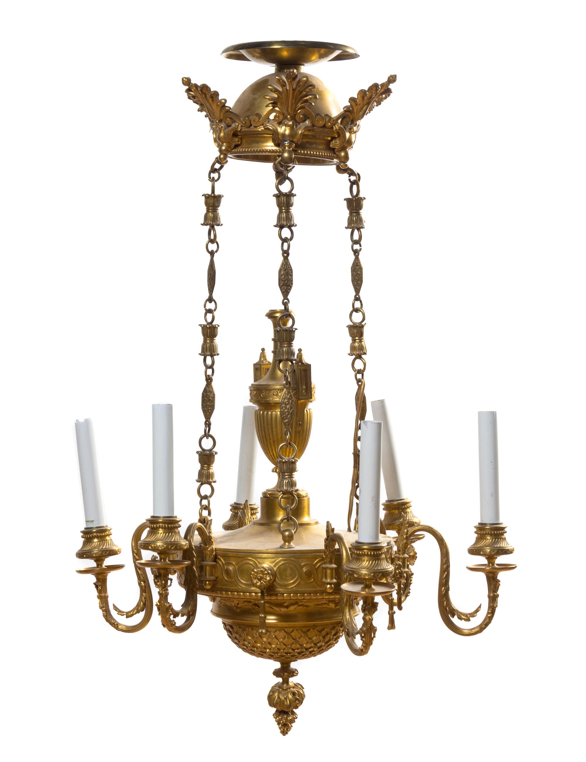 A Neoclassical Gilt Bronze Chandelier Height 21 inches.