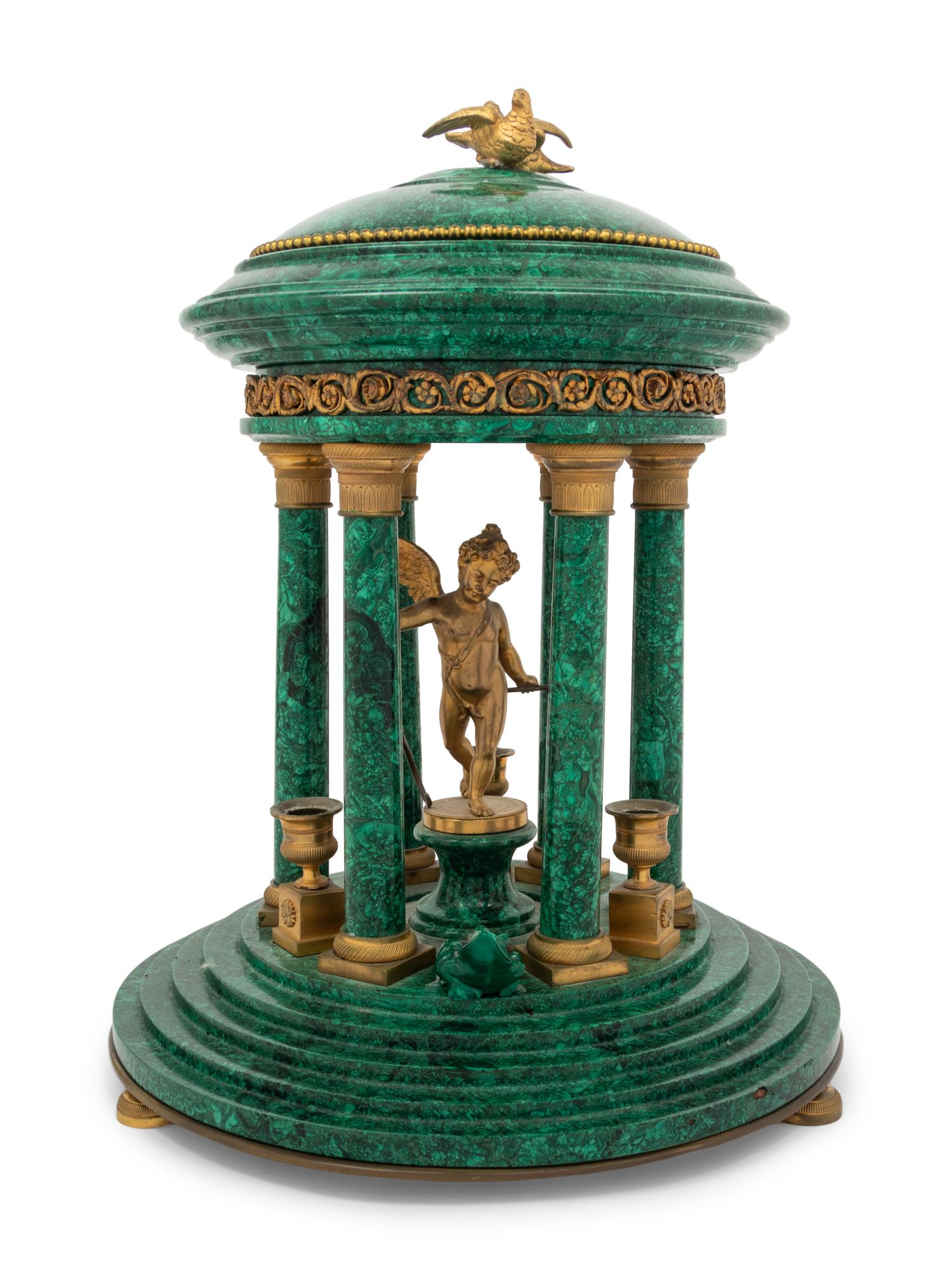 A Neoclassical Style Gilt Bronze Mounted Malachite Veneered Model of a Temple