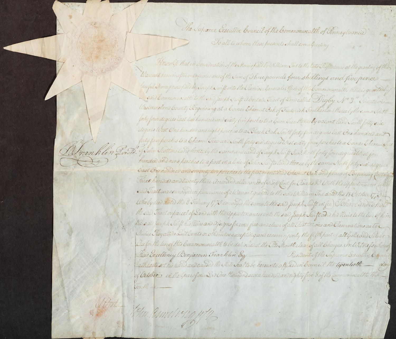 FRANKLIN, Benjamin (1706-1790). Document signed ("B. Franklin"), as President of the Supreme Executive Council of Pennsylvania. [Philadelphia, PA], 20 October 1785.
