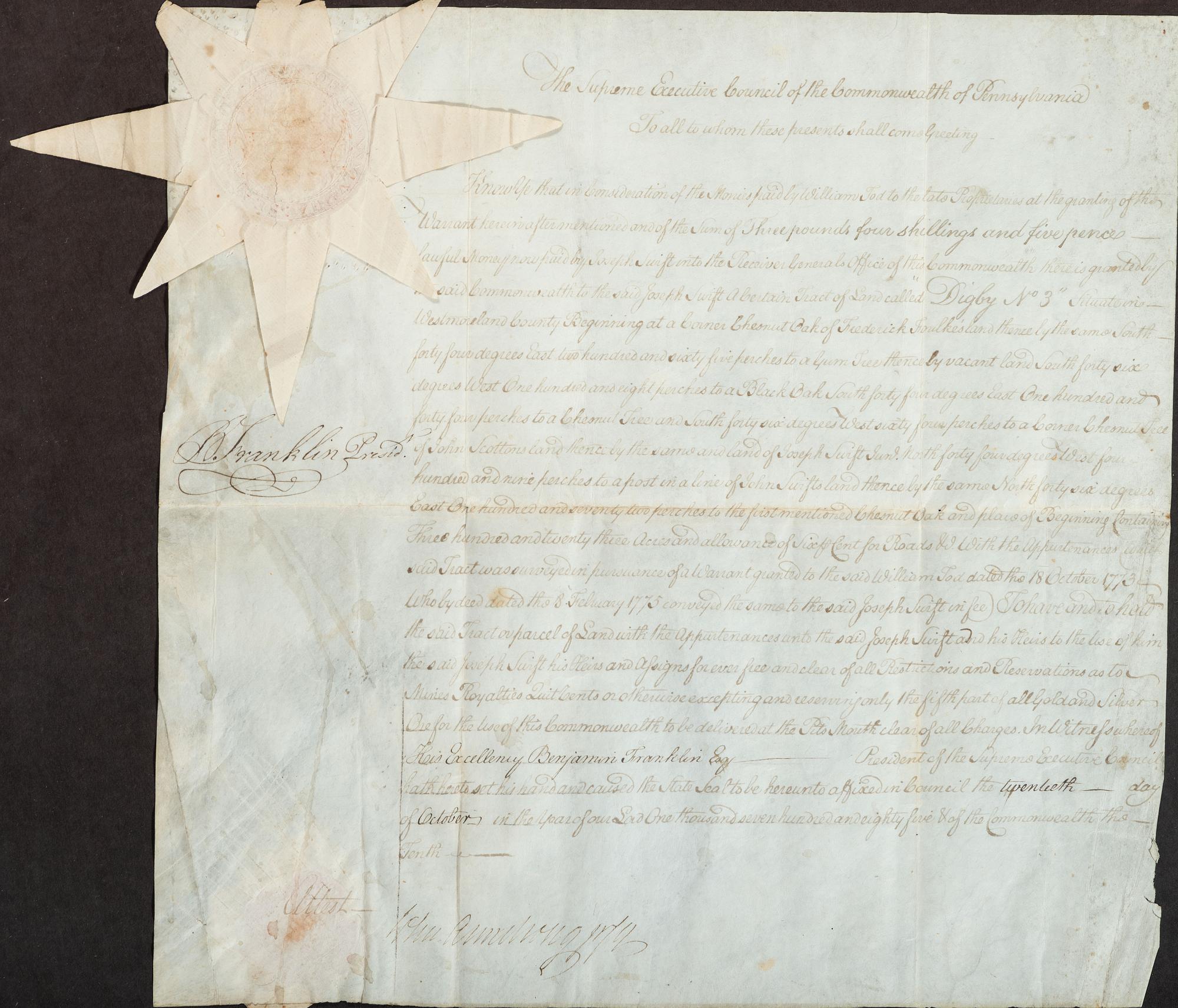 FRANKLIN, Benjamin (1706-1790). Document signed ("B. Franklin"), as President of the Supreme Executive Council of Pennsylvania. [Philadelphia, PA], 20 October 1785.
