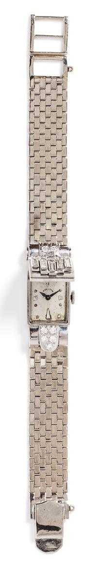 A Platinum, White Gold and Diamond Wristwatch, Hamilton, 30.90 dwts.